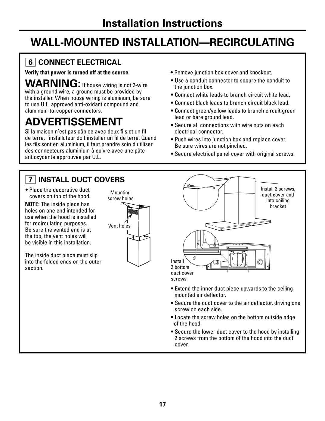 GE ZV800 installation instructions Mounting Screw holes Vent holes 