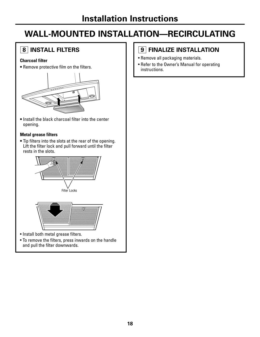 GE ZV800 installation instructions Install Filters, Charcoal filter 