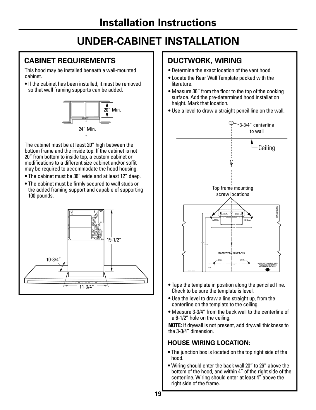 GE ZV800 Cabinet Requirements, DUCTWORK, Wiring, This hood may be installed beneath a wall-mounted cabinet 