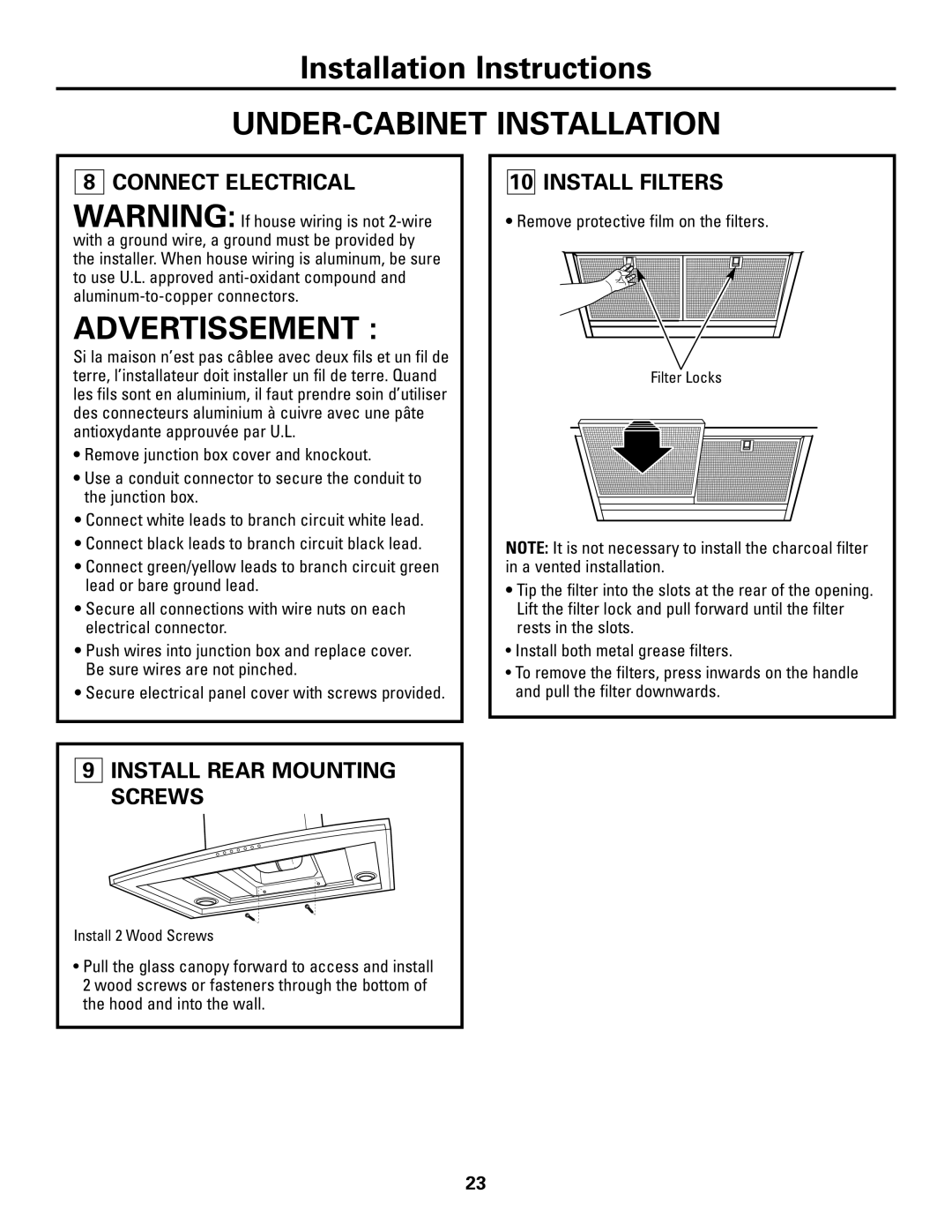 GE ZV800 installation instructions Install Rear Mounting Screws, Remove protective film on the filters 