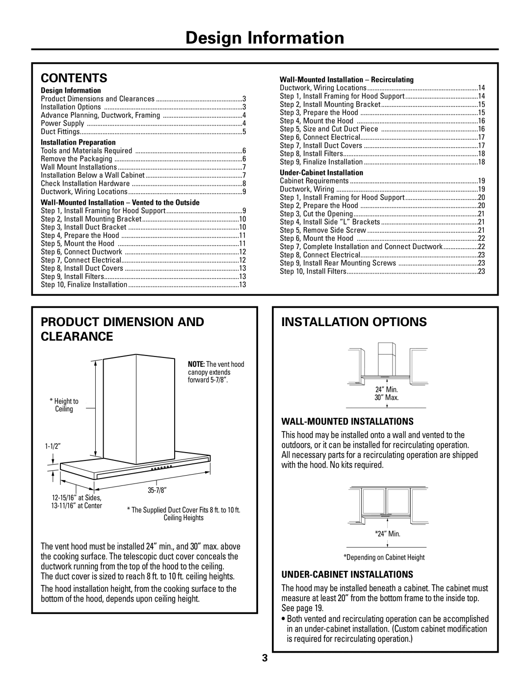 GE ZV800 installation instructions Contents, Product Dimension and Clearance Installation Options 