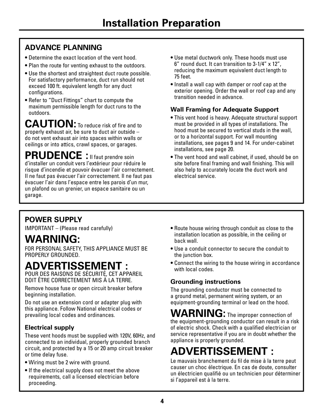 GE ZV800 installation instructions Advance Planning, Power Supply 