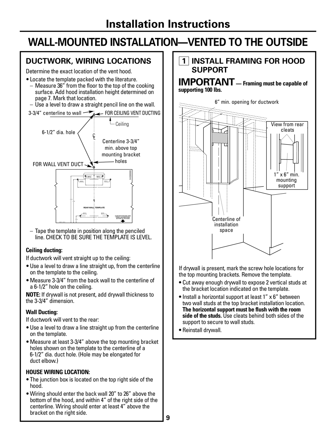 GE ZV800 DUCTWORK, Wiring Locations, Install Framing for Hood Support, Duct elbow, Reinstall drywall 