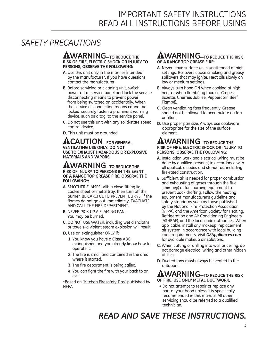 GE ZV800 owner manual Safety Precautions, Read And Save These Instructions, WARNING³7258&7+ 