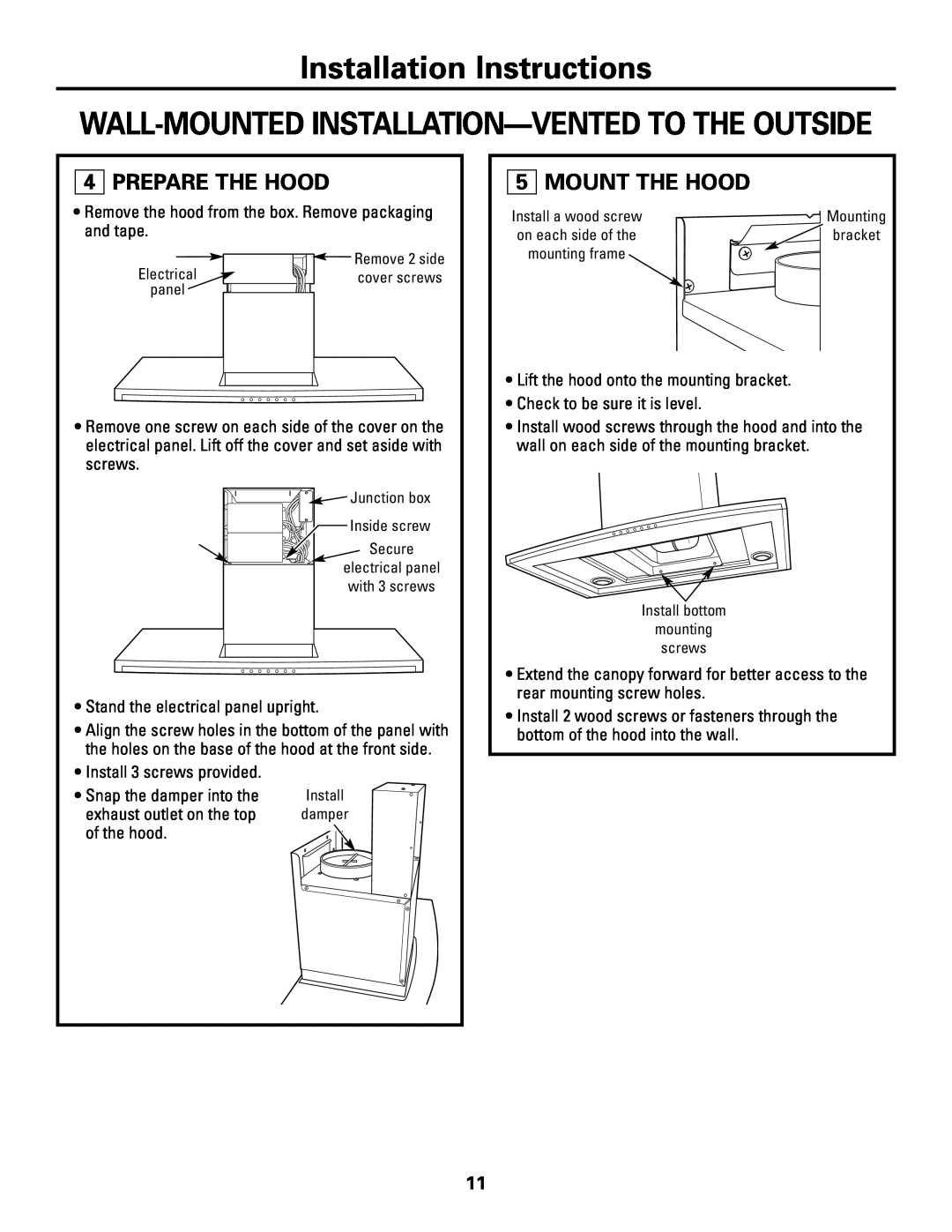 GE ZV800 Prepare The Hood, Mount The Hood, Installation Instructions, Wall-Mounted Installation-Vented To The Outside 
