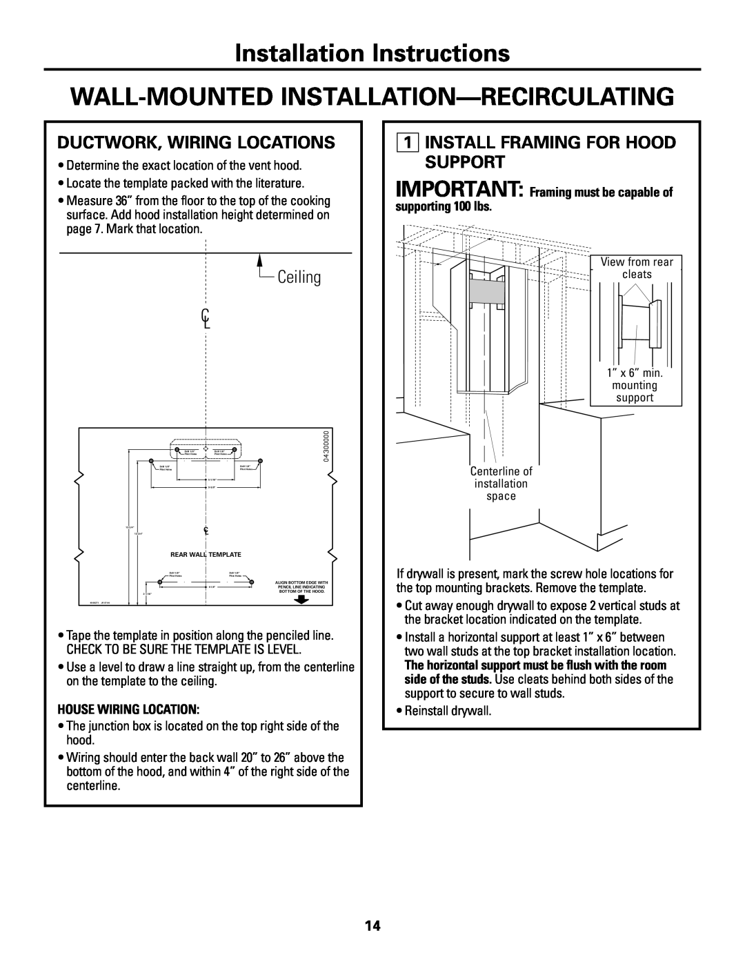 GE ZV800 Installation Instructions WALL-MOUNTED INSTALLATION-RECIRCULATING, Ceiling, Ductwork, Wiring Locations 