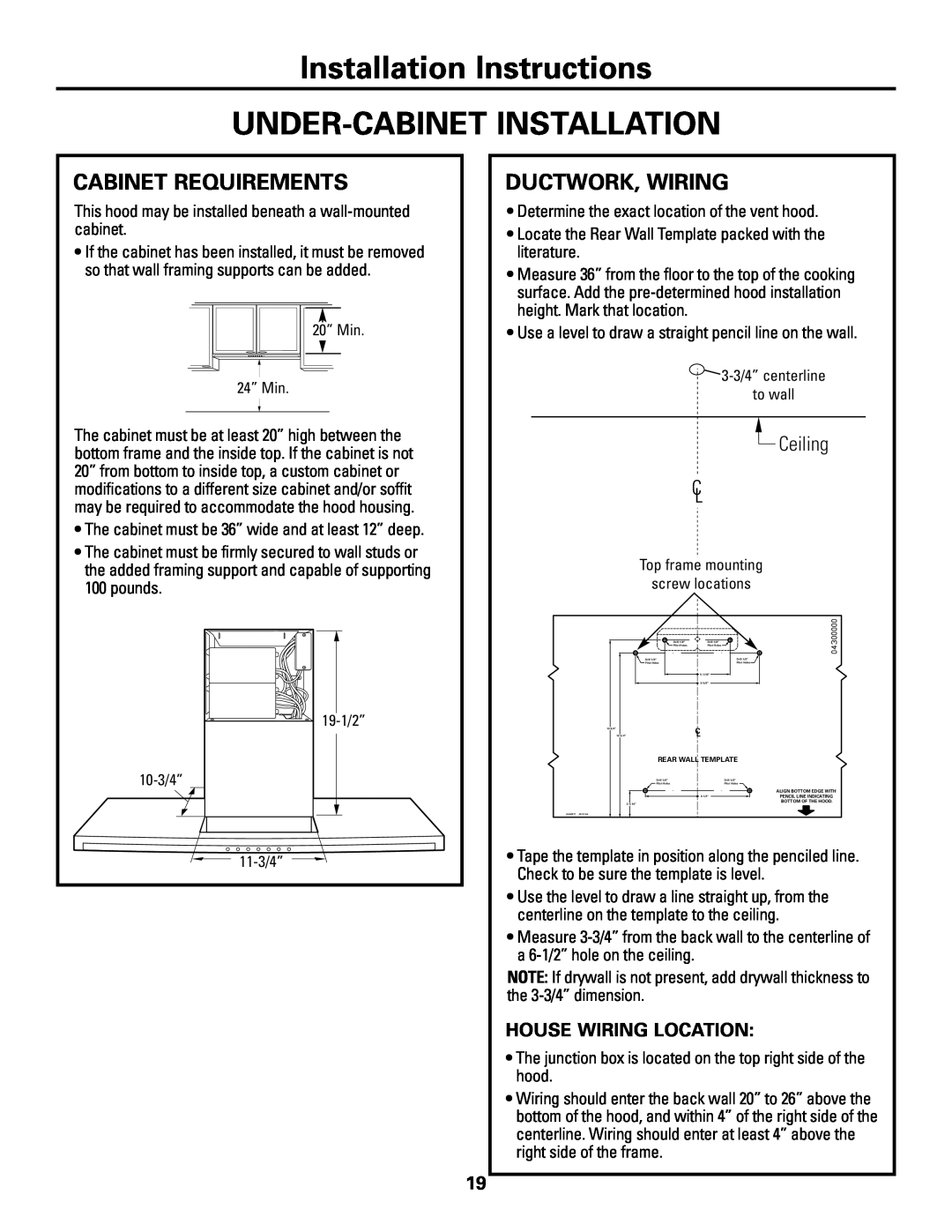 GE ZV800 Installation Instructions UNDER-CABINET INSTALLATION, Cabinet Requirements, Ductwork, Wiring, Ceiling 