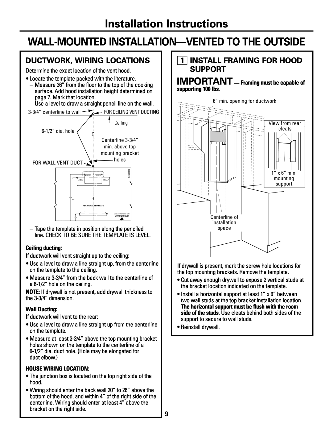 GE ZV800 Installation Instructions, Wall-Mounted Installation-Vented To The Outside, Ductwork, Wiring Locations 