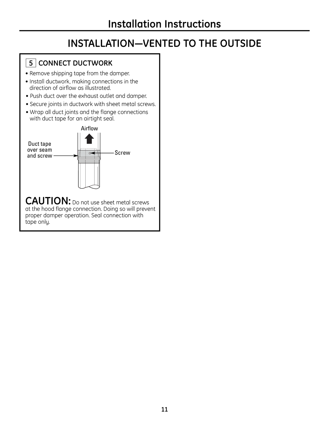 GE ZV830 manual Connect Ductwork 