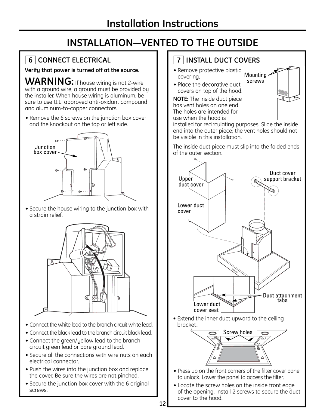 GE ZV830 manual Connect Electrical, Install Duct Covers, Verify that power is turned off at the source 