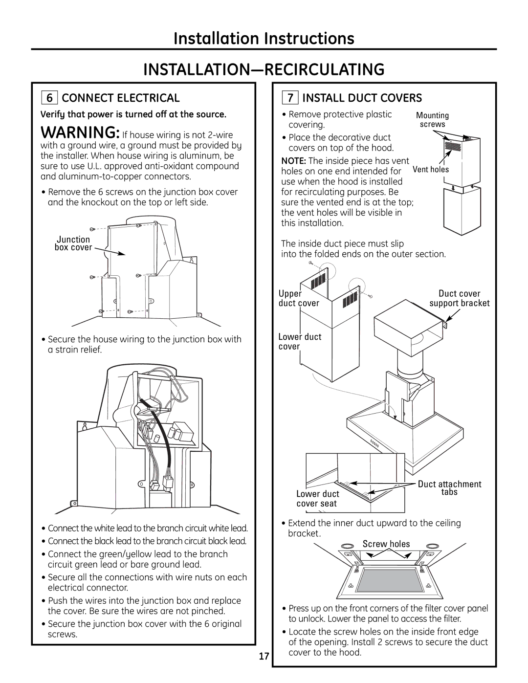 GE ZV830 Secure the junction box cover with the 6 original screws, Remove protective plastic, Covering, Lower duct cover 