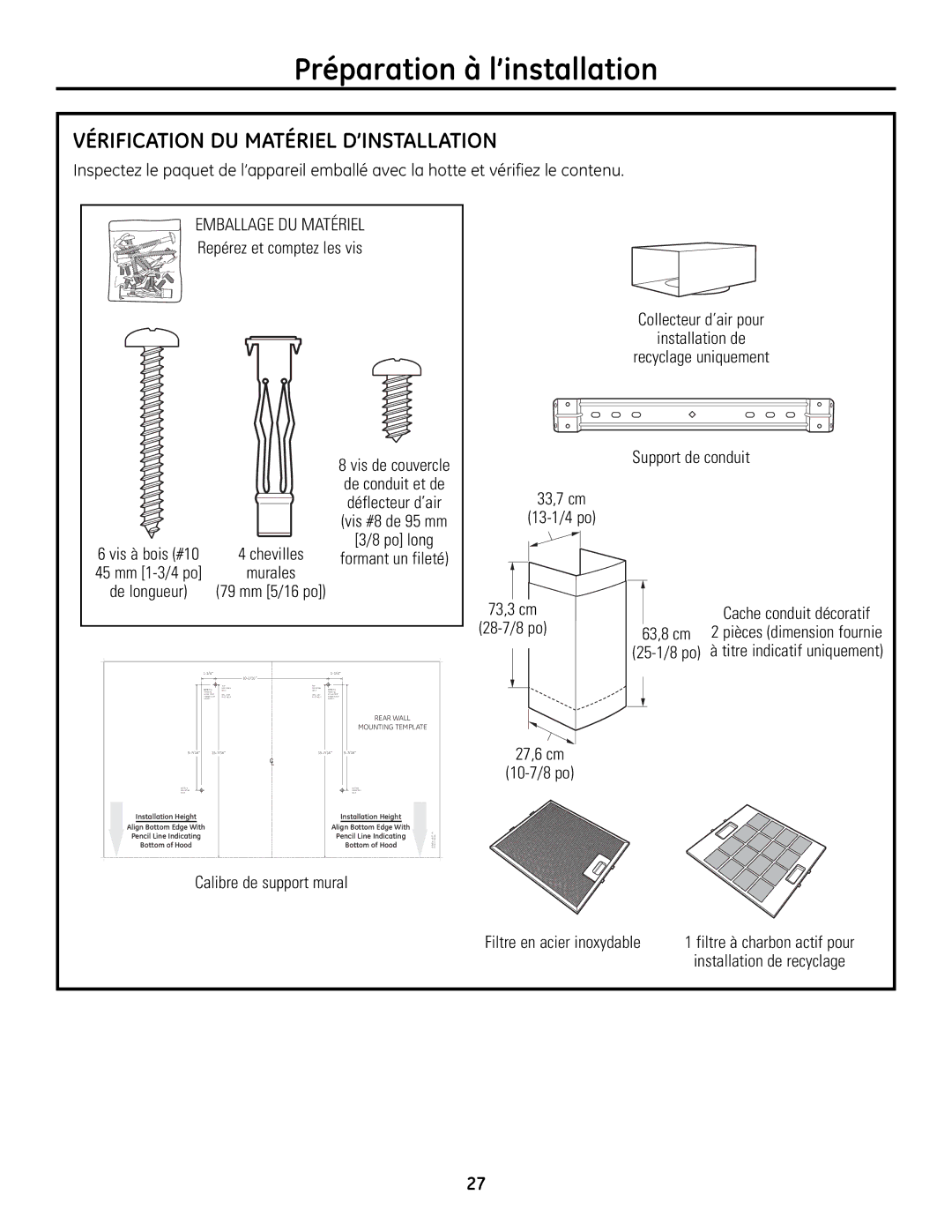 GE ZV830 manual Vérification DU Matériel D’INSTALLATION, Repérez et comptez les vis 