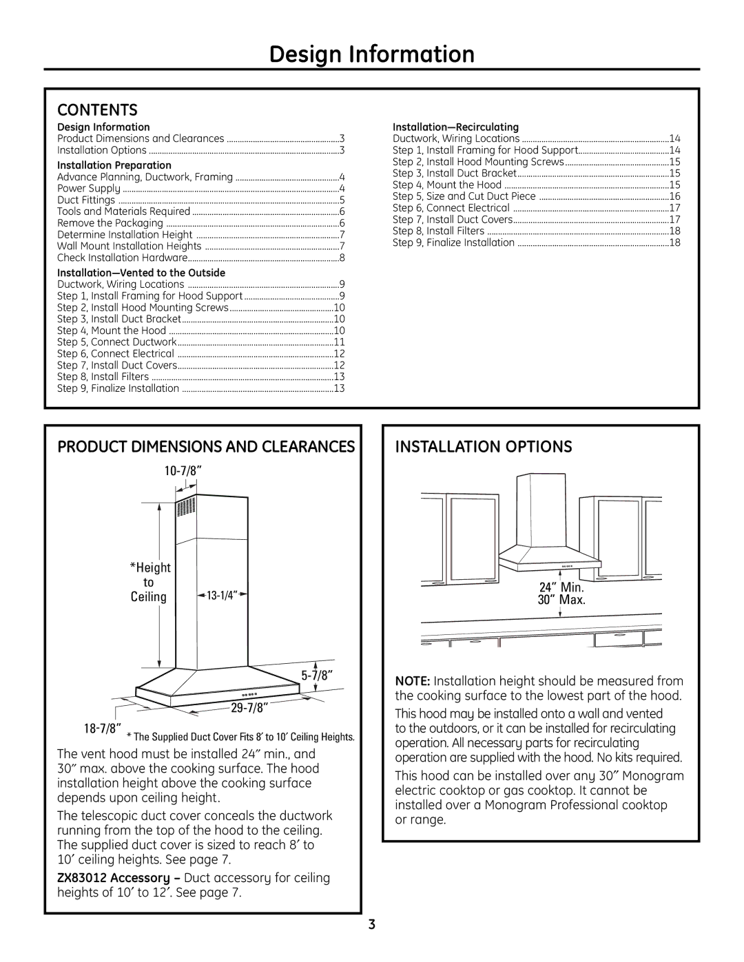 GE ZV830 manual Contents, Installation Options 