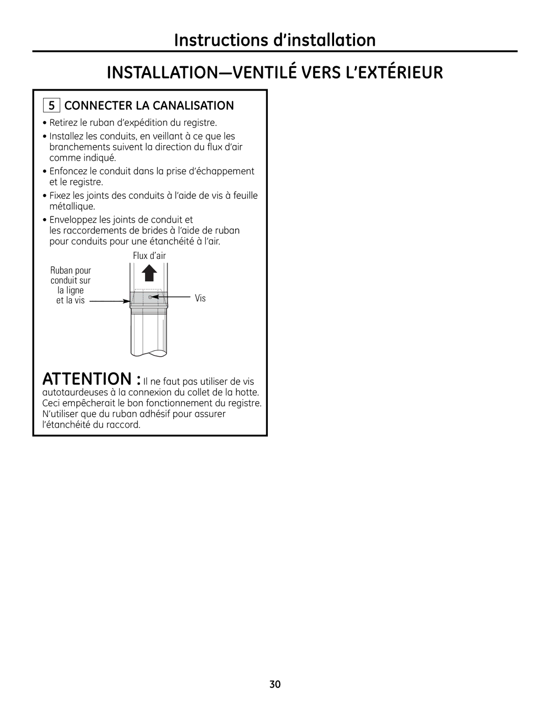 GE ZV830 manual Connecter LA Canalisation, Flux d’air 