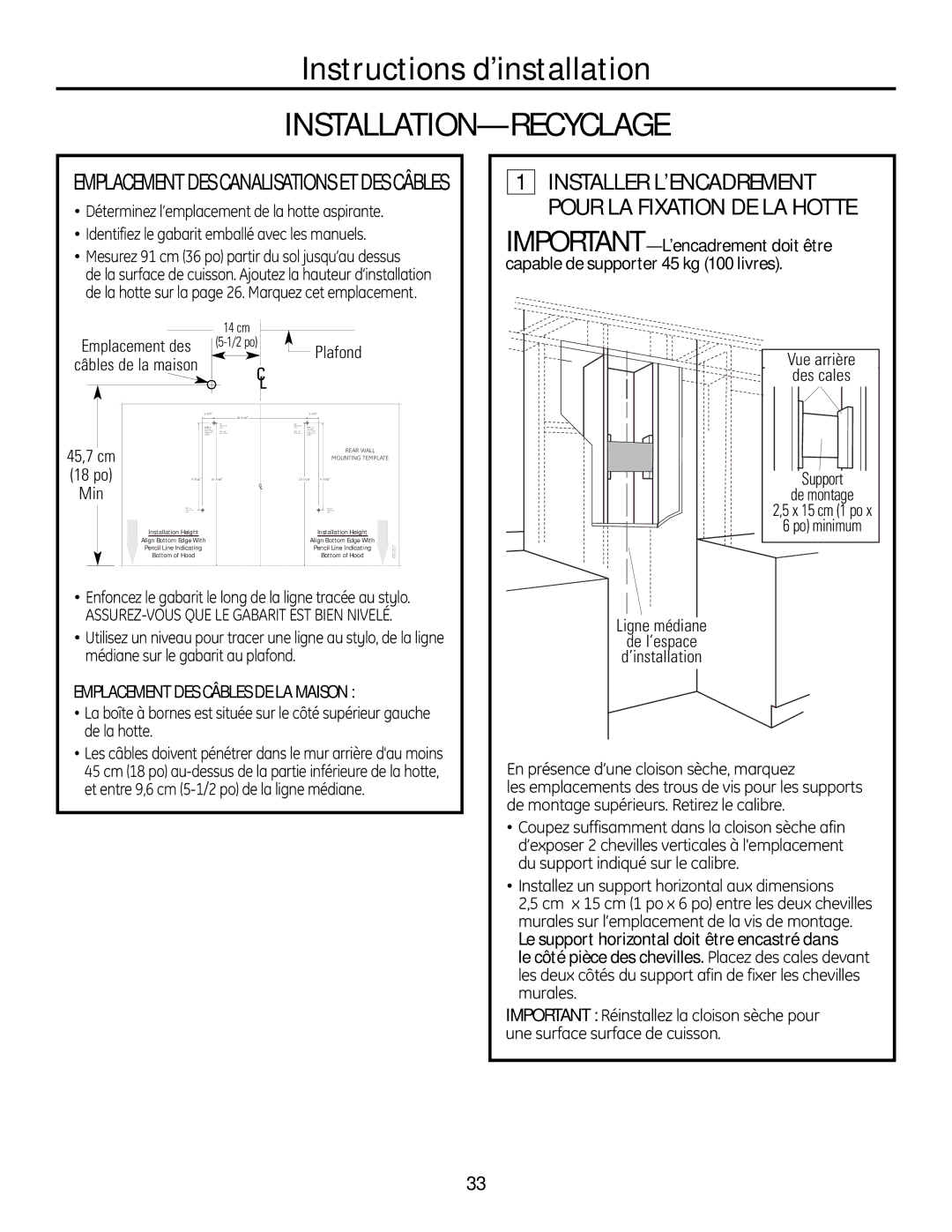 GE ZV830 manual INSTALLATION- Recyclage, Min 