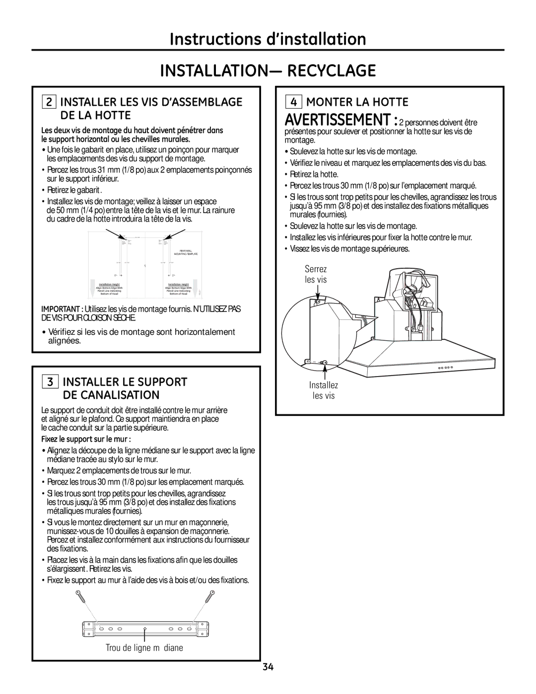 GE ZV830 manual Monter LA Hotte 