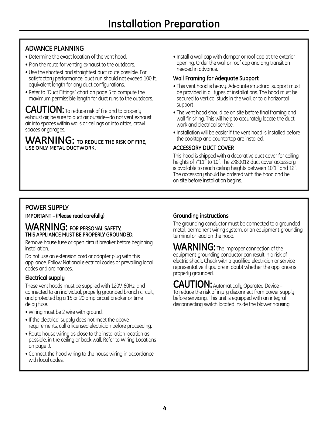 GE ZV830 manual Advance Planning, Power Supply, Accessory Duct Cover 