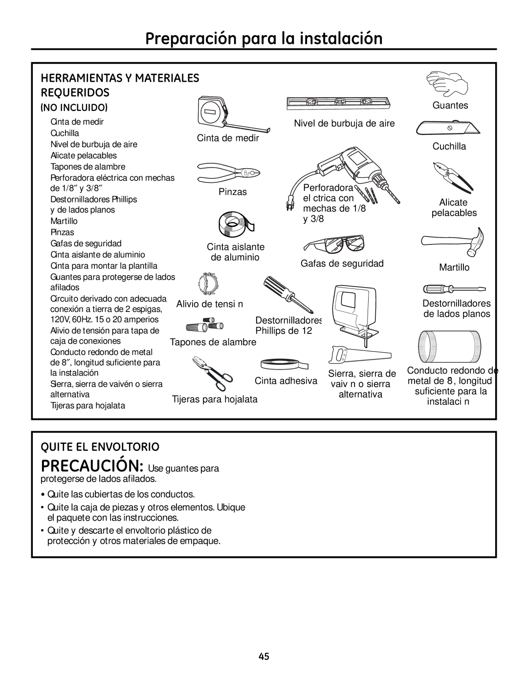 GE ZV830 manual Herramientas Y Materiales Requeridos, Quite EL Envoltorio, No Incluido 