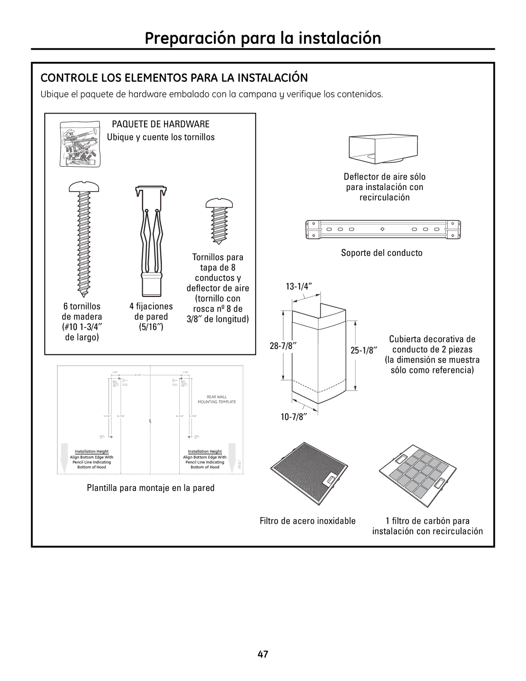 GE ZV830 manual Controle LOS Elementos Para LA Instalación 