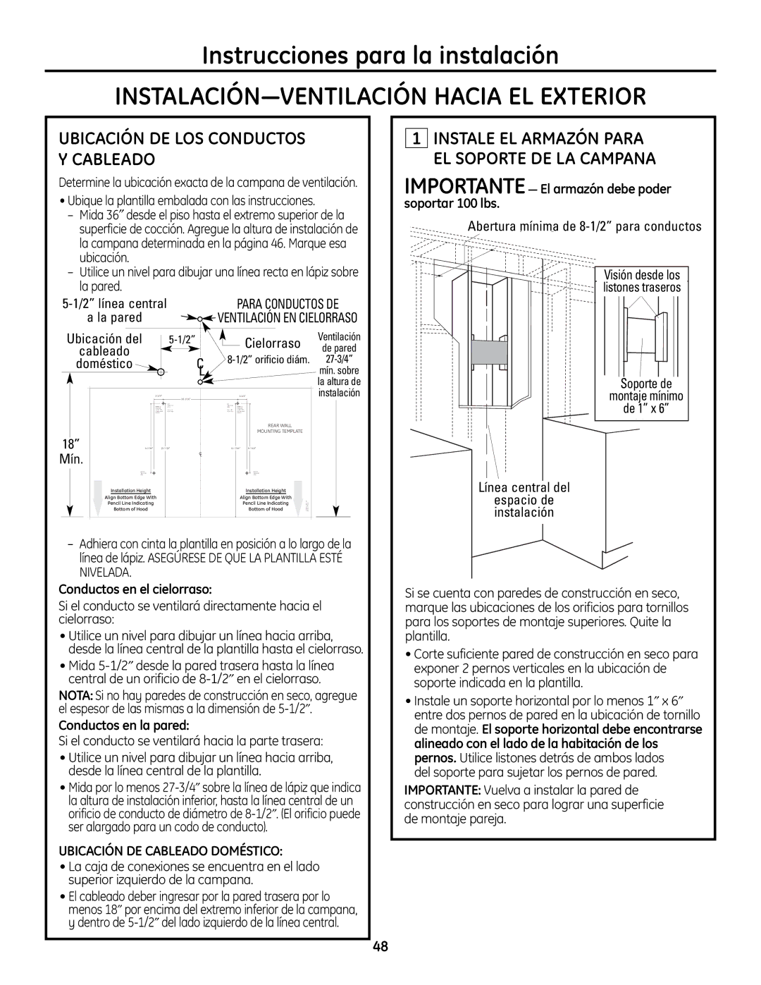 GE ZV830 INSTALACIÓN-VENTILACIÓN Hacia EL Exterior, Ubicación DE LOS Conductos Y Cableado, Ubicación DE Cableado Doméstico 