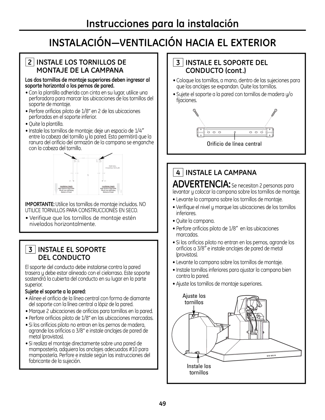 GE ZV830 manual Instale LA Campana, Instale LOS Tornillos DE Montaje DE LA Campana, Quite la plantilla 