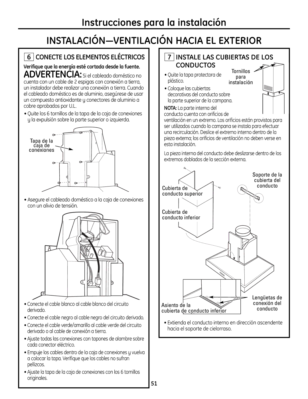 GE ZV830 manual Instale LAS Cubiertas DE LOS Conductos 