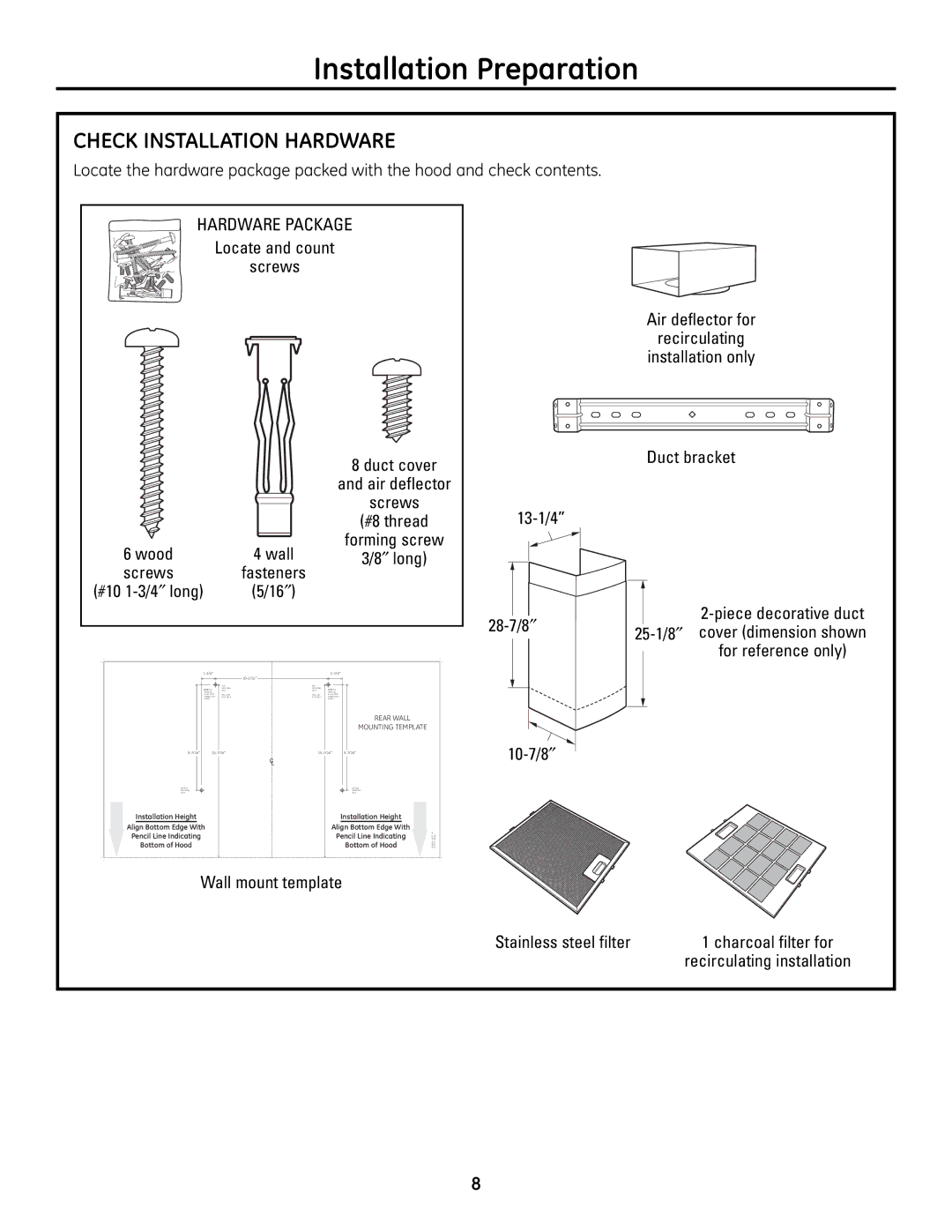 GE ZV830 manual Check Installation Hardware, Locate and count Screws Duct cover, 28-7/8 ″, 10-7/8 ″, Wall mount template 