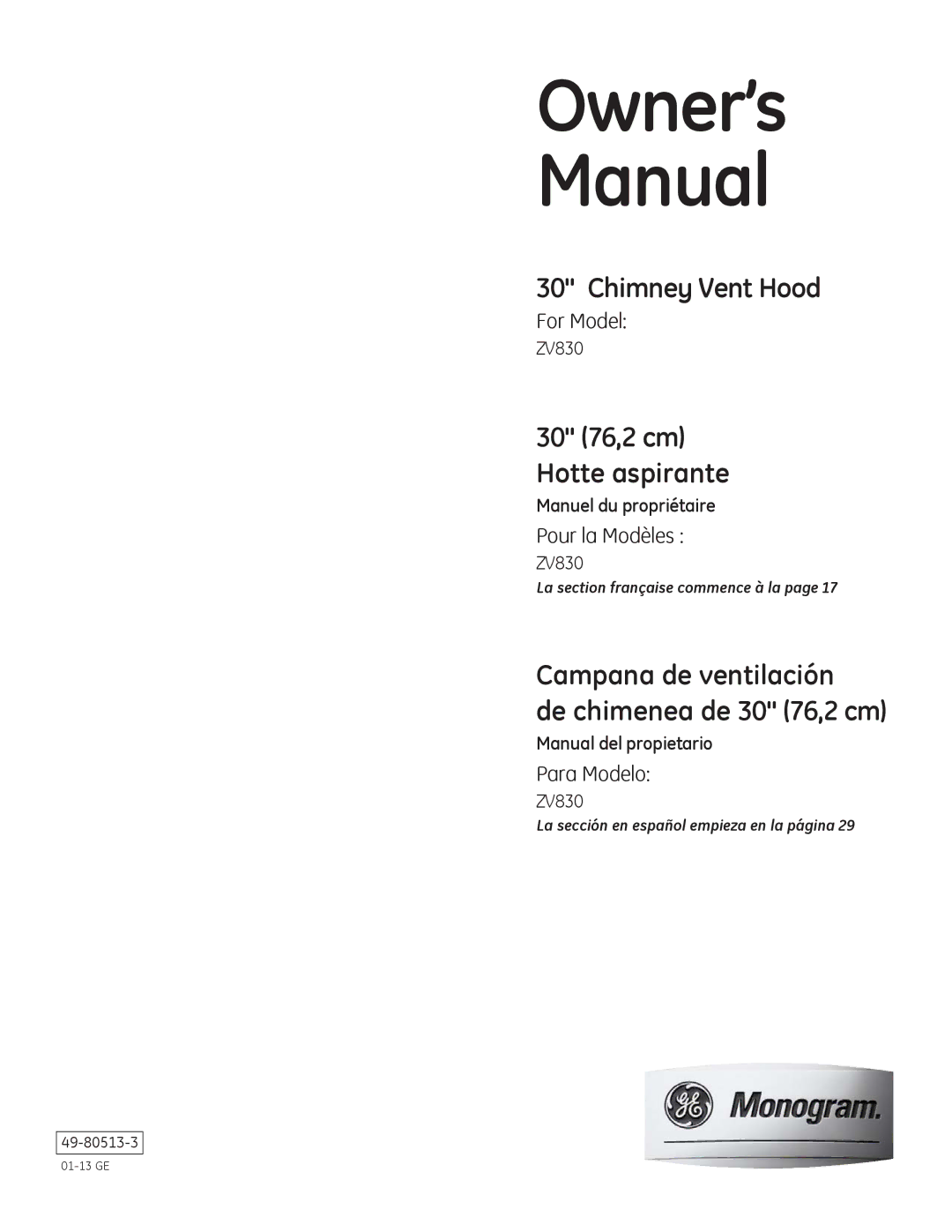 GE ZV830 owner manual Owner’s Manual, 49-80513-3 