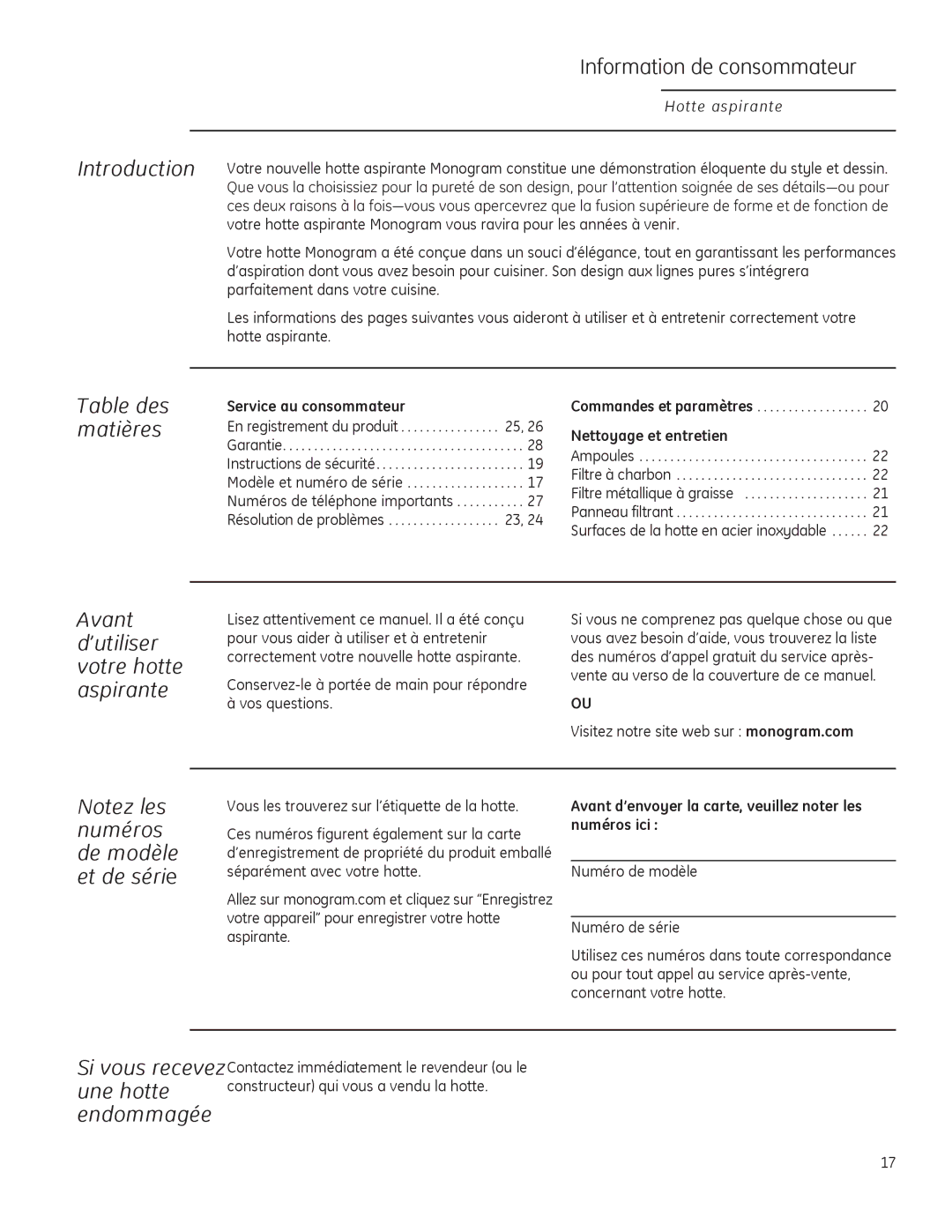 GE ZV830 owner manual Information de consommateur, Avant d’utiliser votre hotte aspirante, Endommagée, Table des matières 