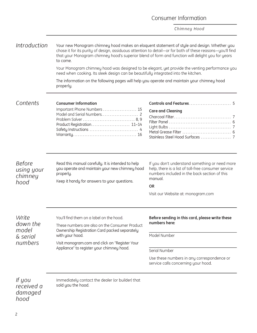 GE ZV830 Consumer Information, Introduction, Contents, Before using your chimney hood, Write down the model Serial numbers 