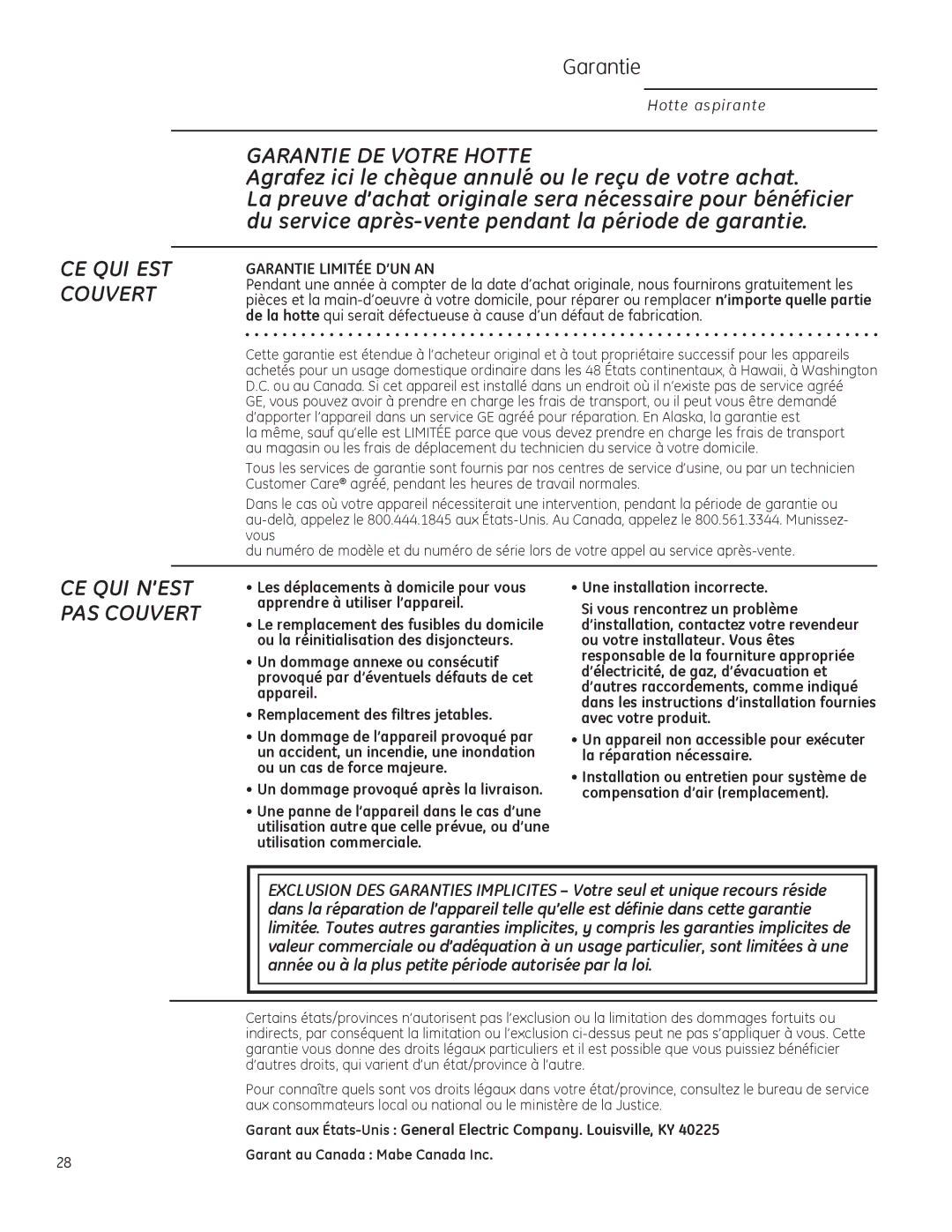 GE ZV830 owner manual Garantie DE Votre Hotte, Un dommage provoqué après la livraison 