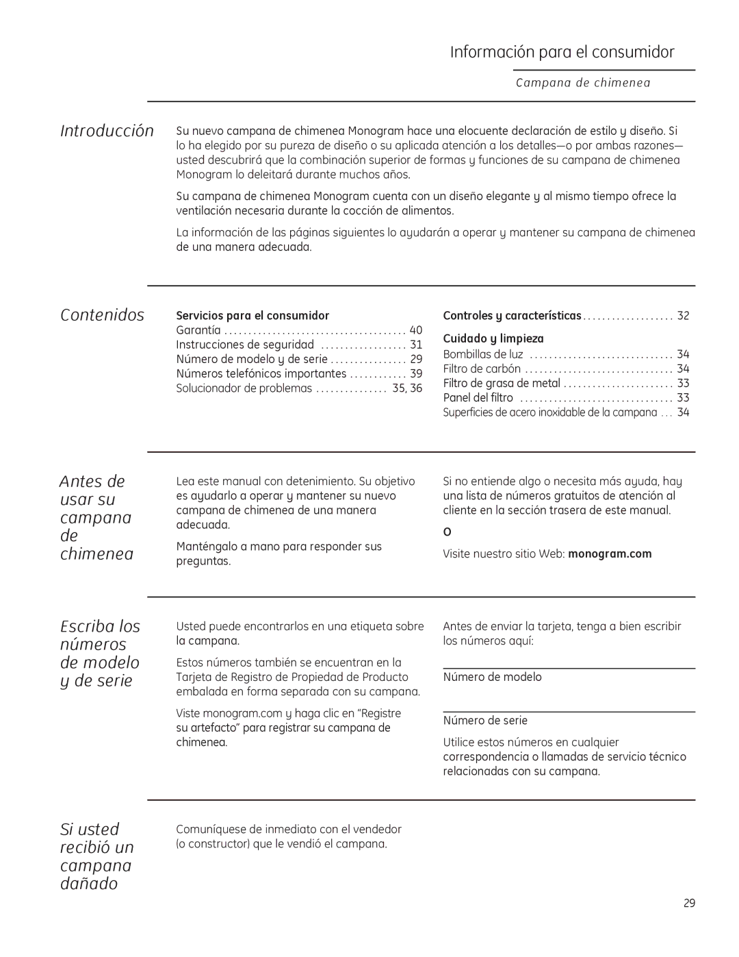 GE ZV830 Si usted recibió un campana dañado, Antes de usar su campana de chimenea, Contenidos Servicios para el consumidor 