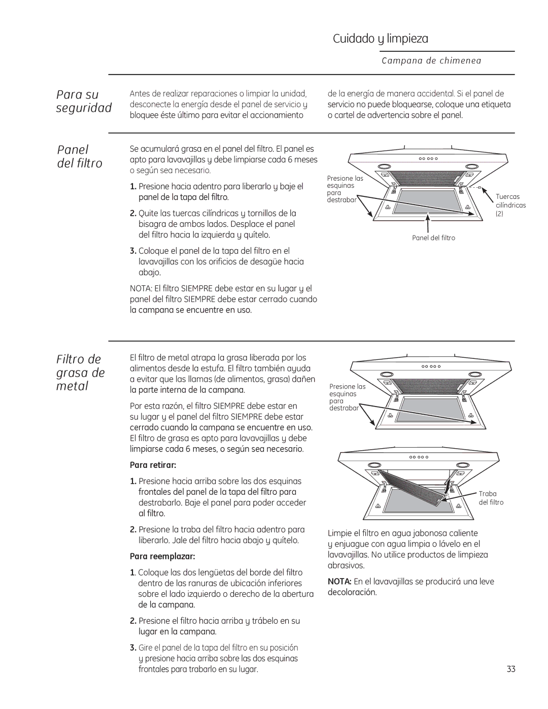 GE ZV830 owner manual Cuidado y limpieza, Panel del filtro, Filtro de grasa de metal, Para su seguridad 