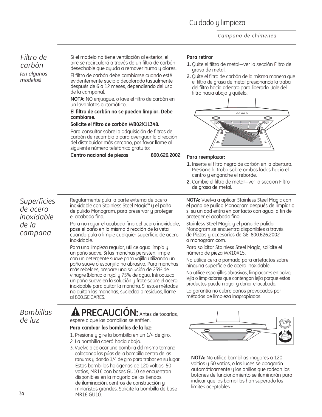 GE ZV830 Filtro de carbón, Bombillas de luz, Centro nacional de piezas 800.626.2002, Para cambiar las bombillas de la luz 