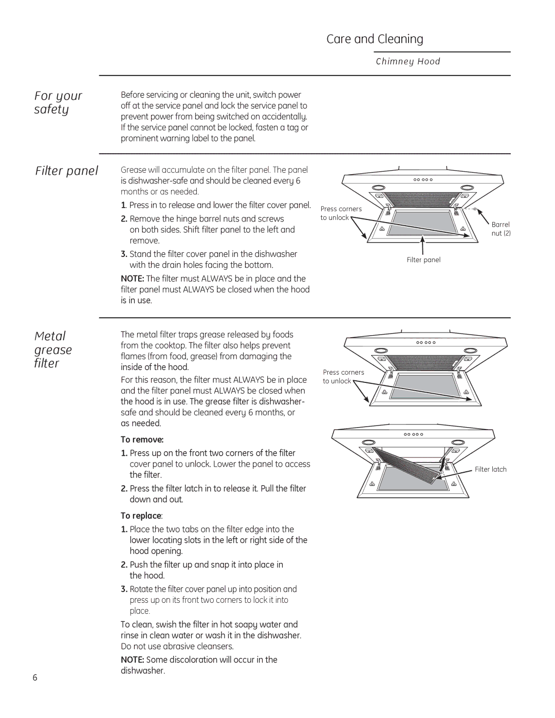 GE ZV830 owner manual For your safety, Filter panel, Metal grease filter, To remove, To replace 