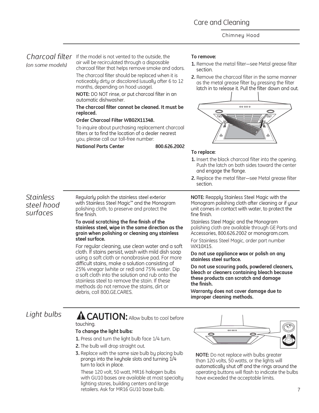 GE ZV830 owner manual Charcoal filter, Light bulbs, Stainless steel hood surfaces 