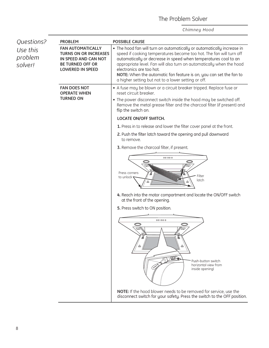 GE ZV830 owner manual Questions? Use this problem solver, Electronics are too hot, Flip the switch on 