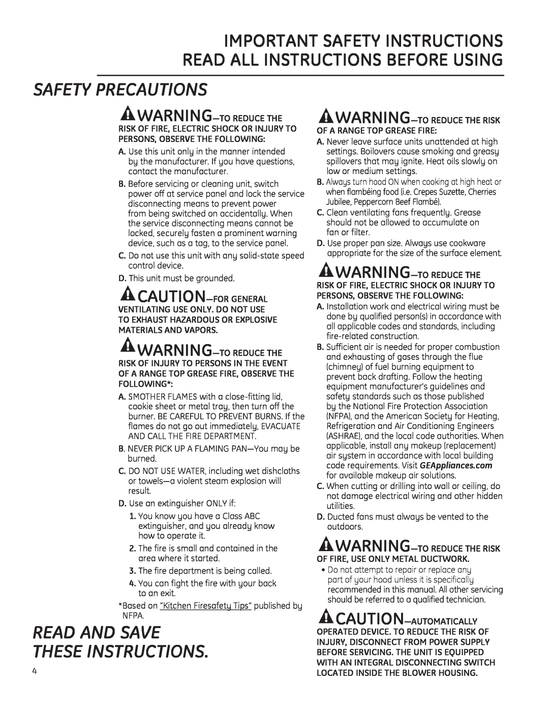 GE ZV830 Safety Precautions, Read And Save These Instructions, WARNING³7258&7+, Persons, Observe The Following 