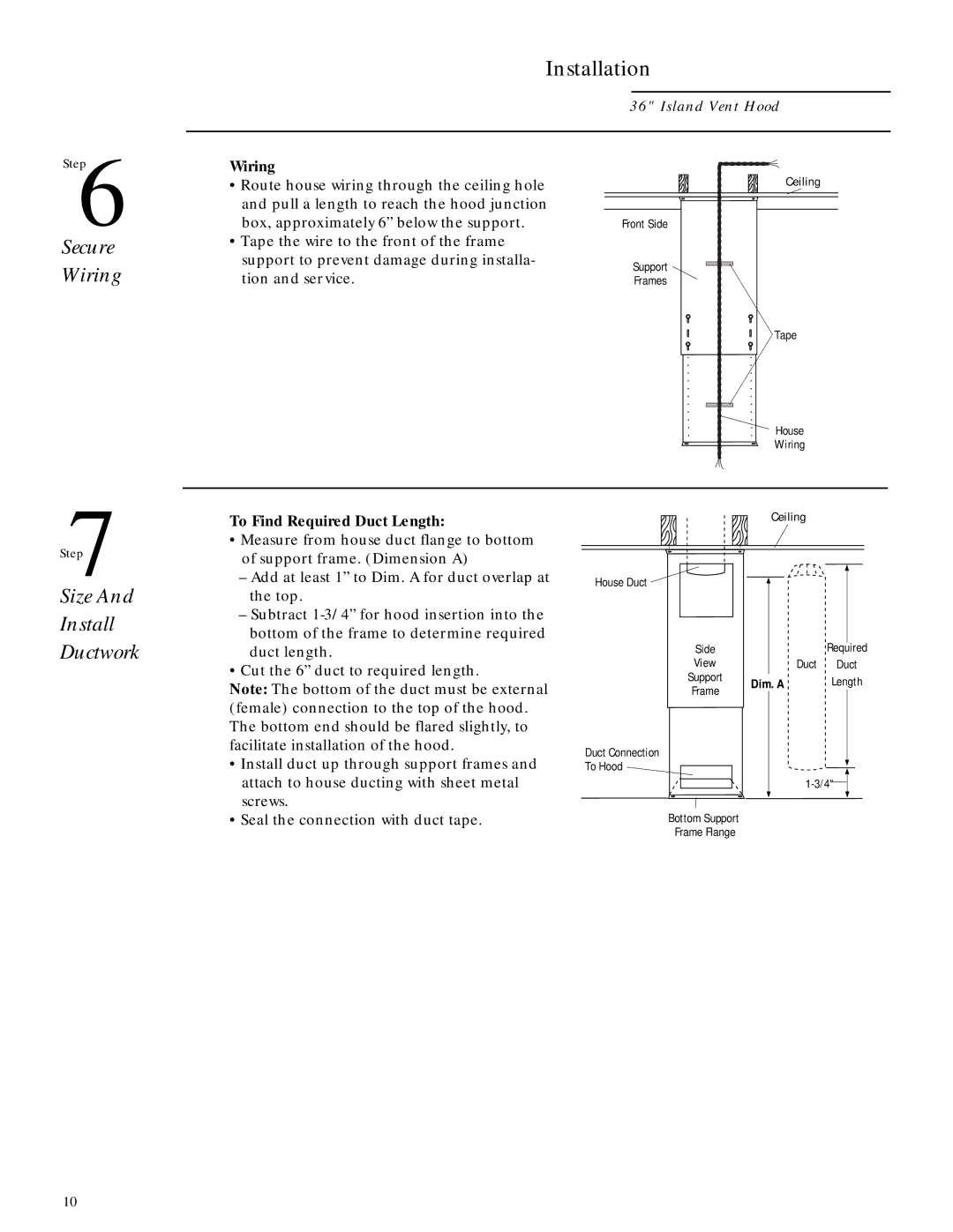 GE ZV850 installation instructions Secure Wiring, Size Install Ductwork, To Find Required Duct Length 