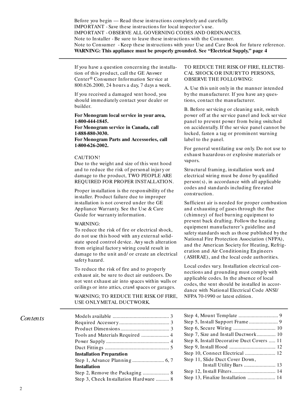 GE ZV850 installation instructions Contents 