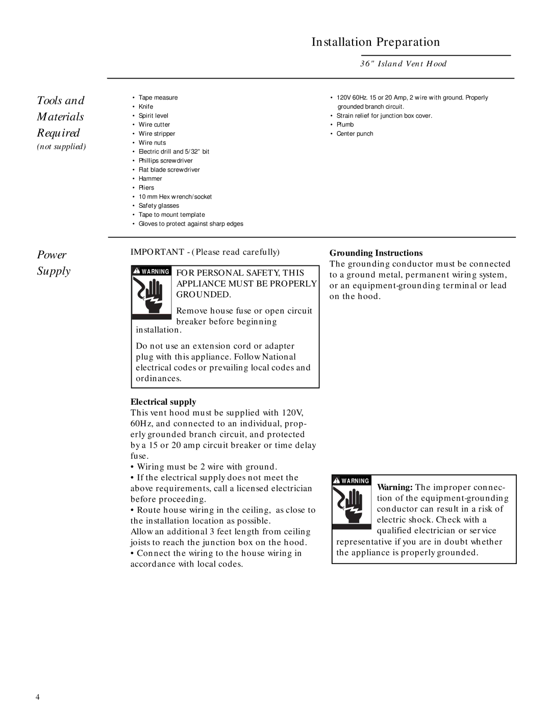 GE ZV850 installation instructions Tools Materials Required, Power Supply, Electrical supply, Grounding Instructions 