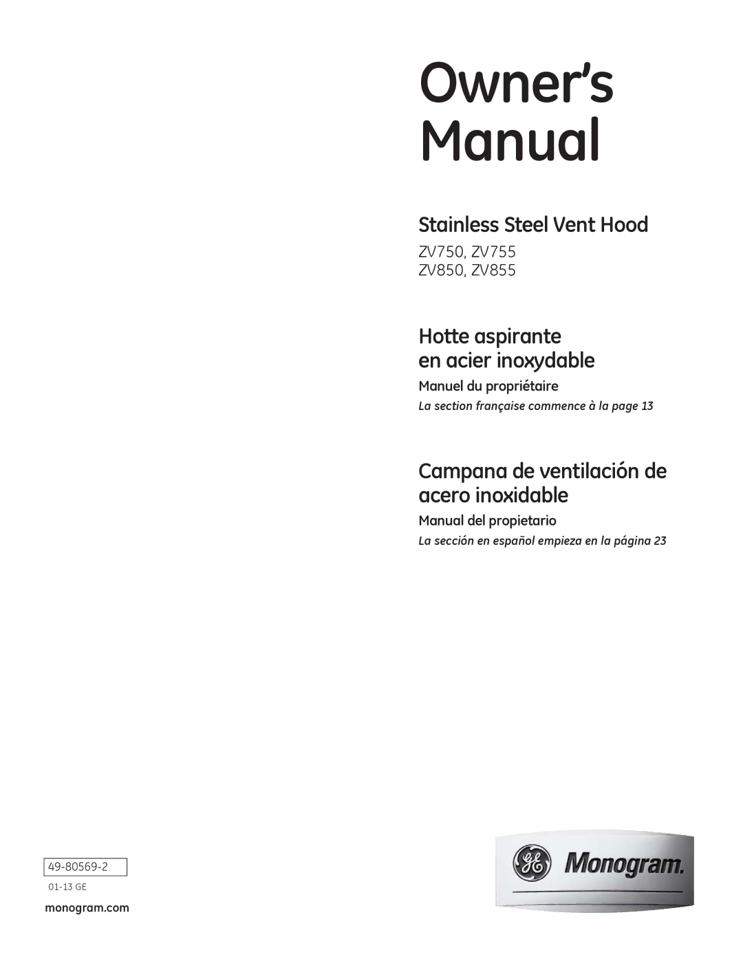 GE owner manual ZV750, ZV755 ZV850, ZV855, Monogram.com 