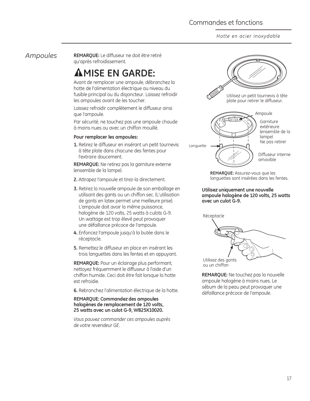 GE ZV755, ZV855, ZV850, ZV750 owner manual Ampoules, Pour remplacer les ampoules 