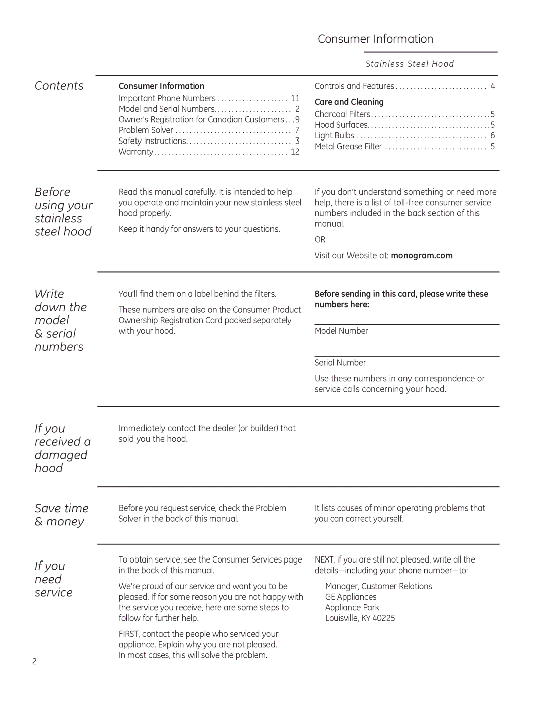 GE ZV850, ZV855, ZV755, ZV750 Contents, Before using your stainless steel hood, Write down the model Serial numbers 