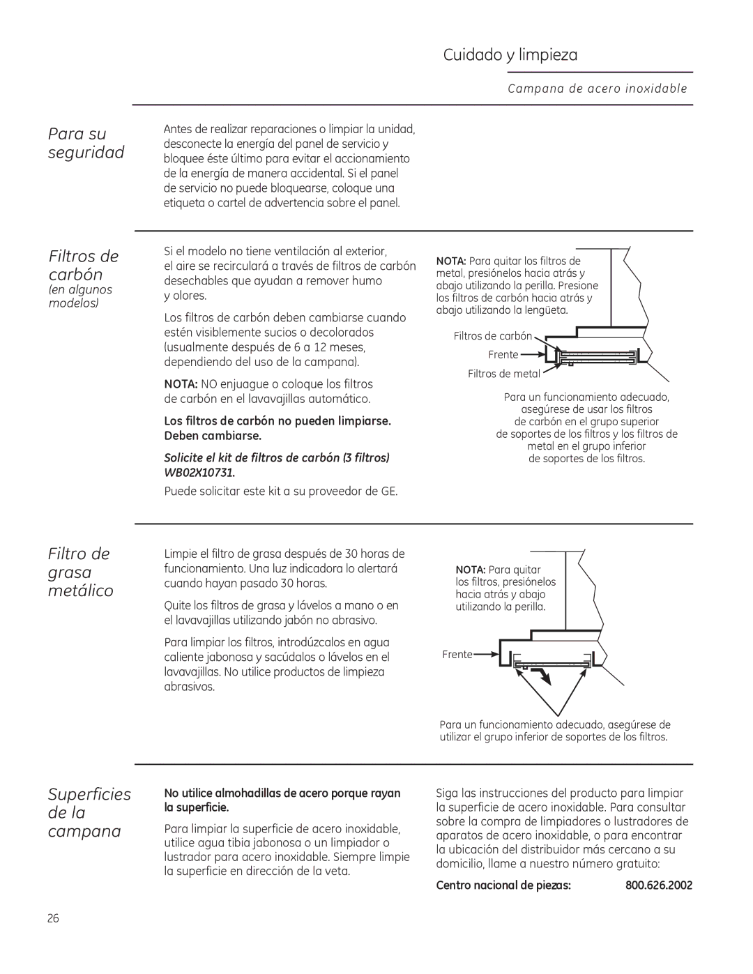GE ZV850 Para su seguridad, Cuidado y limpieza, Filtro de grasa metálico, Filtros de carbón, Superficies de la campana 