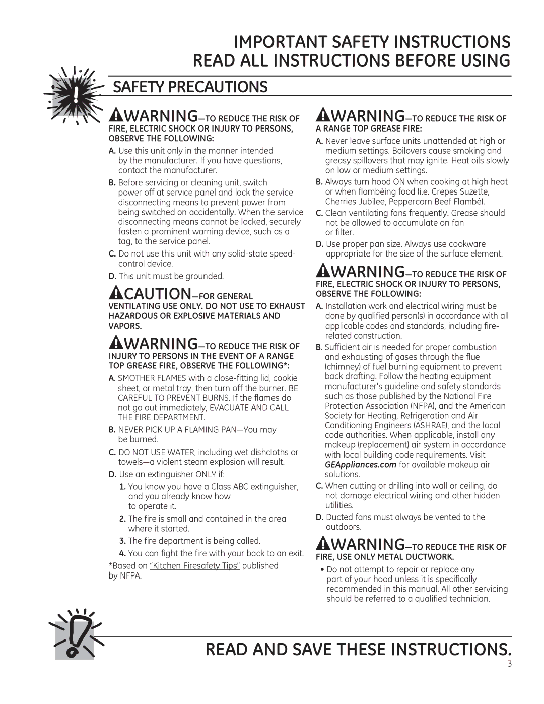 GE ZV750, ZV855, ZV755, ZV850 owner manual Read and Save These Instructions 