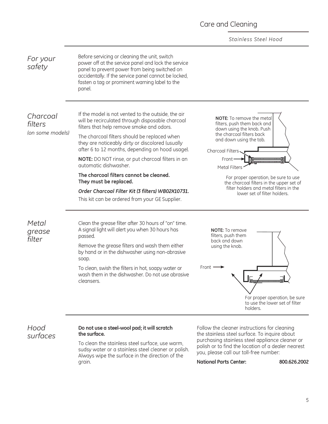 GE ZV755, ZV855, ZV850, ZV750 For your safety, Care and Cleaning, Charcoal filters, Metal grease filter, Hood surfaces 