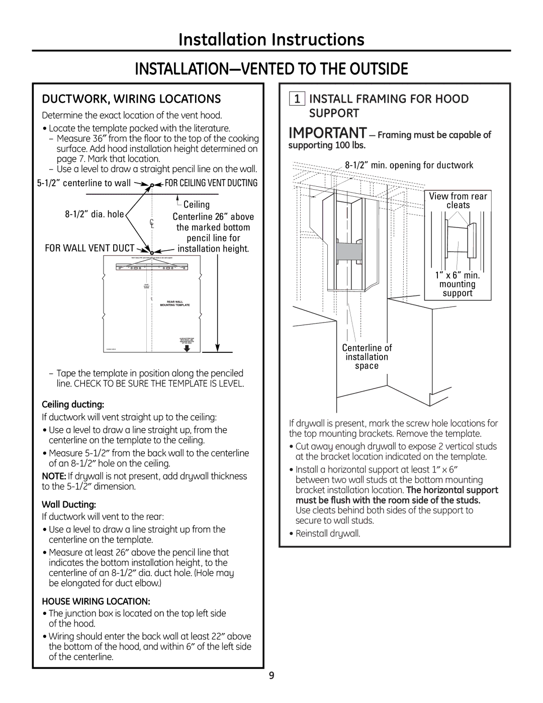 GE ZV900 DUCTWORK, Wiring Locations, Install Framing for Hood Support, Ceiling ducting, Wall Ducting 