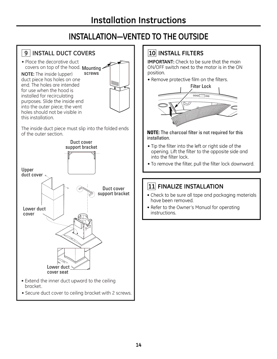 GE ZV900 installation instructions Install Duct Covers, Install Filters, Finalize Installation 