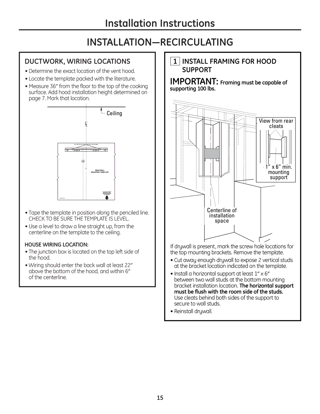 GE ZV900 installation instructions Installation-Recirculating, Important Framing must be capable of supporting 100 lbs 